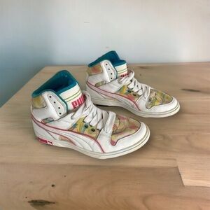 Puma White Vintage Retro Pastel Watercolor Graphic Print High Top Sneaker Size 7